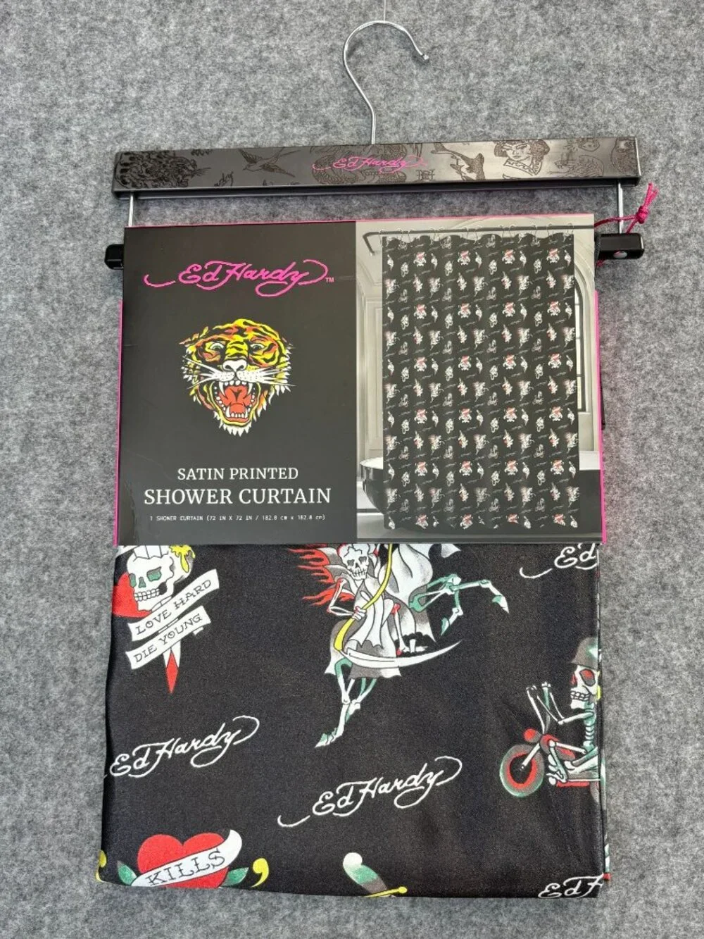 Ed Hardy Shower Curtain Black Satin Printed Skulls Hearts Love Kills Slowly